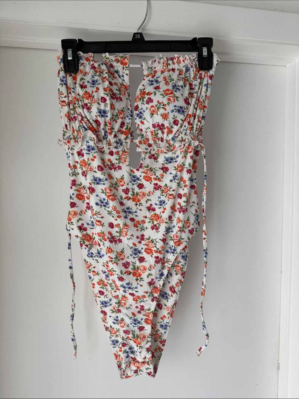 SHEIN White One-Piece Swimsuit with Red, Pink and Blue Floral Print
